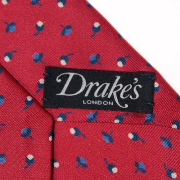 Drake's NWT Neck Tie in Red with Navy/Light Blue & White Floral Print 100% Silk